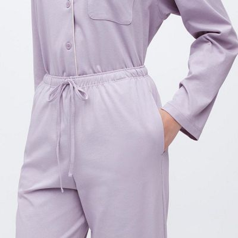 Purple Uniqlo AIRism Cotton Long-Sleeve Women Pajamas | 2956736