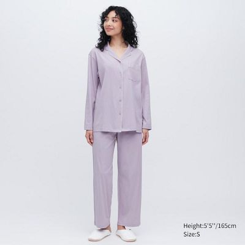 Purple Uniqlo AIRism Cotton Long-Sleeve Women Pajamas | 2956736
