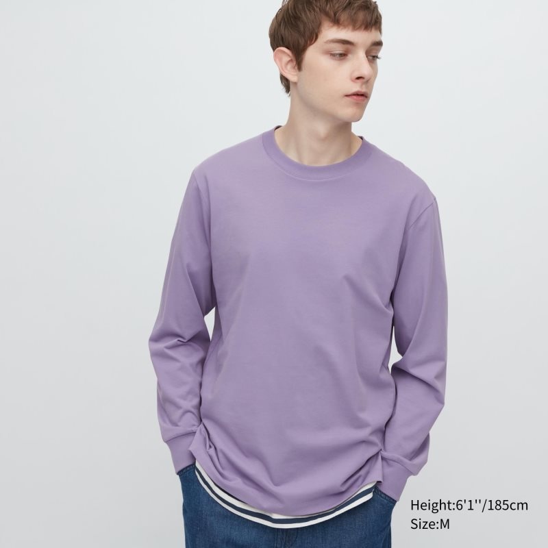 Purple Uniqlo Airism Cotton Uv Protection Crew Neck Men T Shirts | 2102420