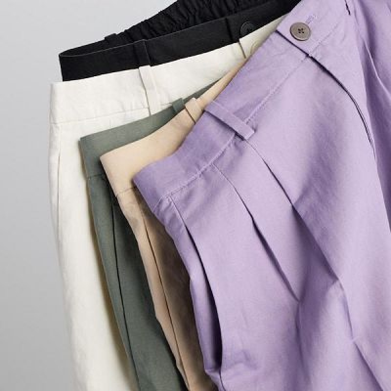 Purple Uniqlo Linen Blend Tucked Wide Women Pants | 6313214