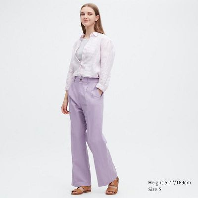 Purple Uniqlo Linen Blend Tucked Wide Women Pants | 6313214