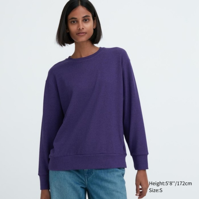 Purple Uniqlo Soft Knitted Fleece Crew Neck Long-Sleeve Women T Shirts | 3303297