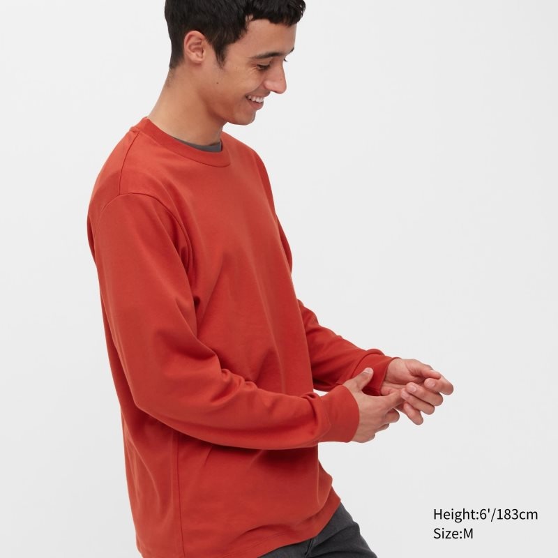 Red Uniqlo Brushed Cotton Crew Neck Long-sleeve Men T Shirts | 2326376