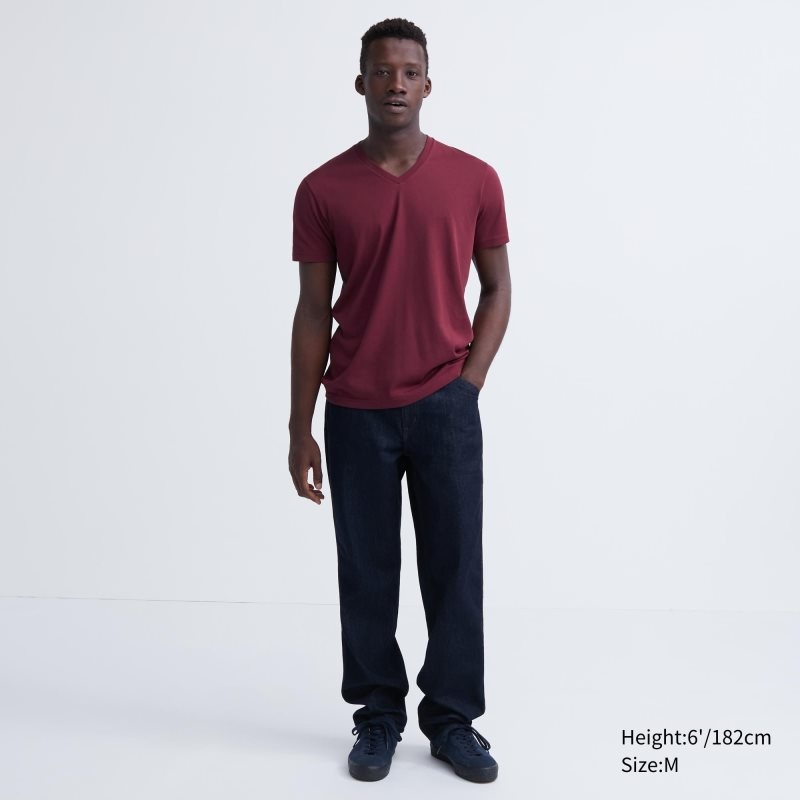 Red Uniqlo Dry Color V-Neck Short-Sleeve Men T Shirts | 3092765