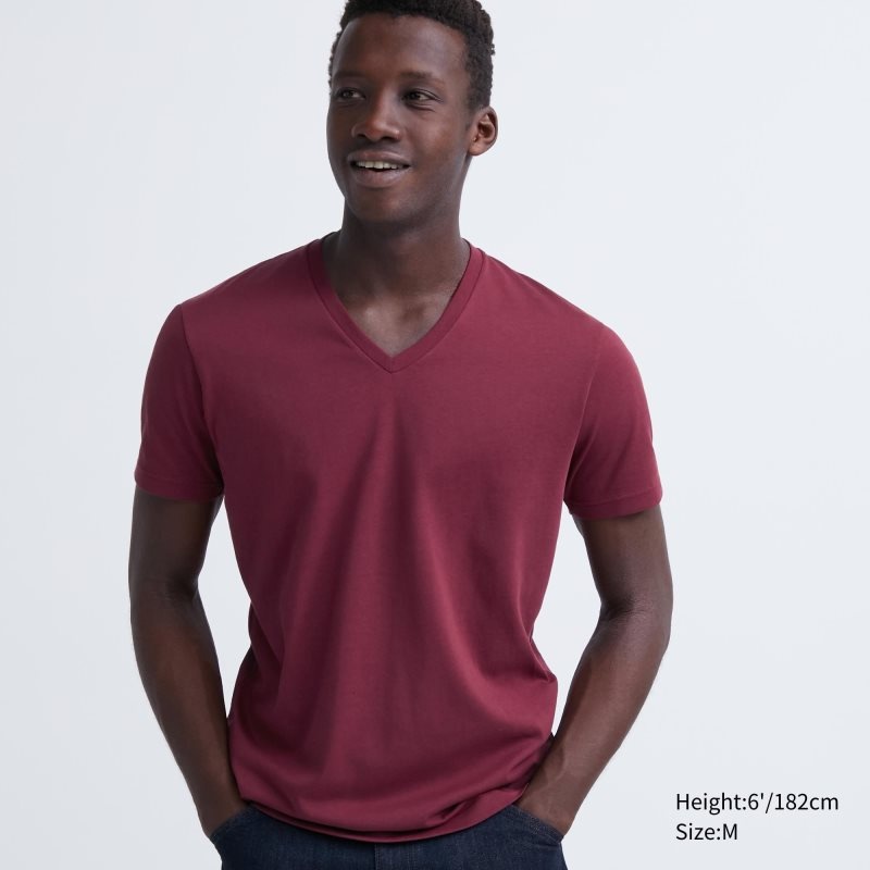 Red Uniqlo Dry Color V-Neck Short-Sleeve Men T Shirts | 3092765
