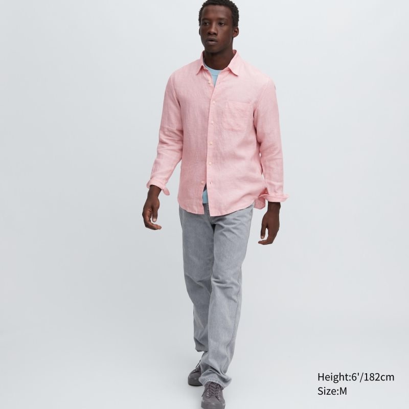 Red Uniqlo Premium Linen Long-sleeve Men Shirts | 5913376