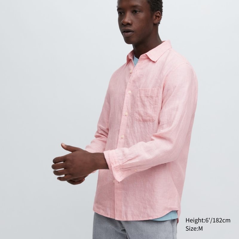 Red Uniqlo Premium Linen Long-sleeve Men Shirts | 5913376