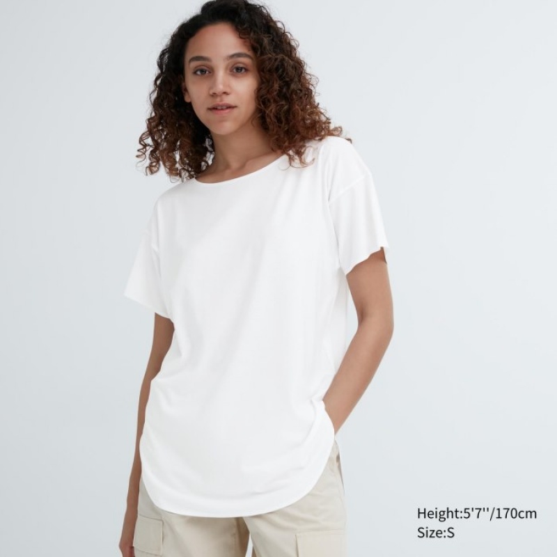 White Uniqlo AIRism Seamless Boat Neck Short-Sleeve Long Women T Shirts | 9300499