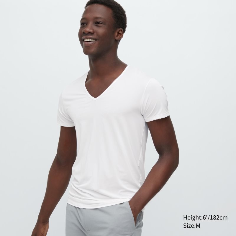 White Uniqlo Airism V-neck Short-sleeve Men T Shirts | 6713635