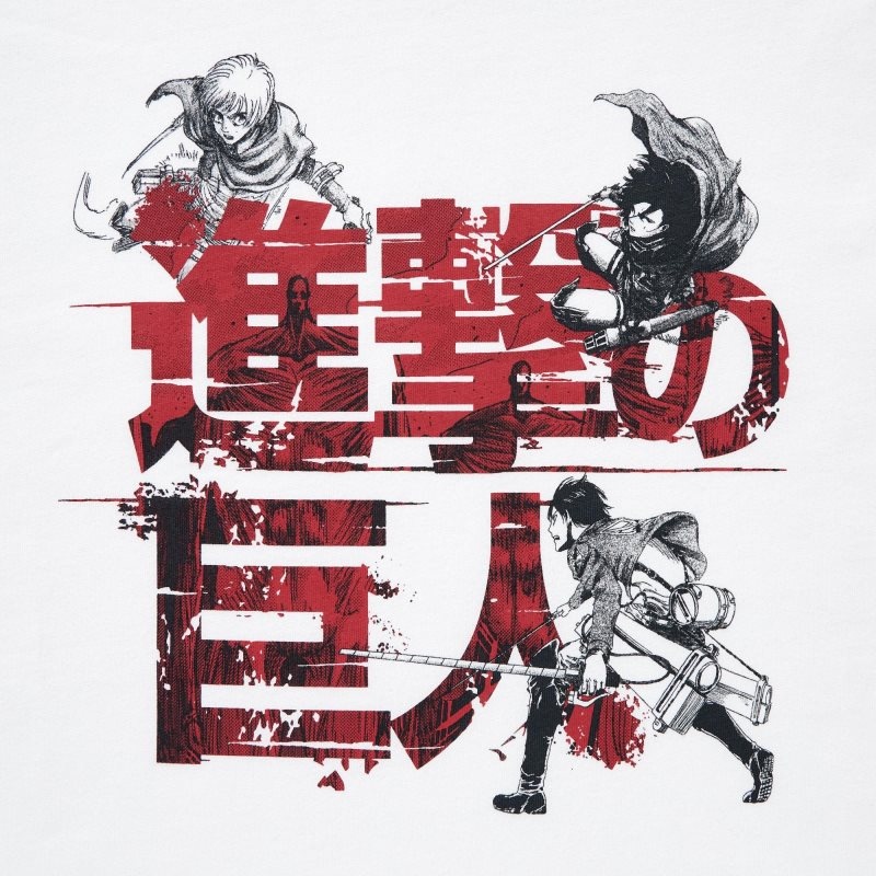 White Uniqlo Attack On Titan Ut Short-sleeve Graphic Eren, Mikasa, And Armin Men T Shirts | 3360296