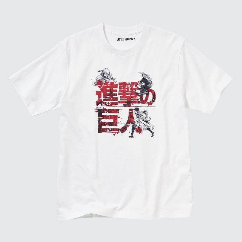 White Uniqlo Attack On Titan Ut Short-sleeve Graphic Eren, Mikasa, And Armin Men T Shirts | 3360296