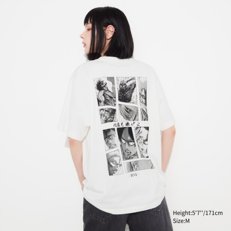 White Uniqlo Attack on Titan UT Short Sleeve Women T Shirts | 429439