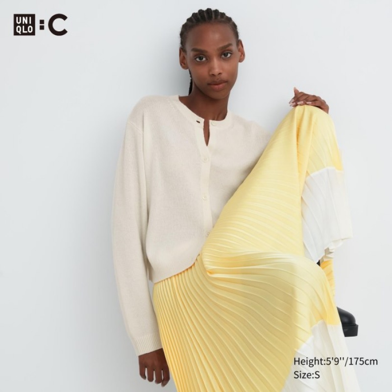 White Uniqlo Cashmere Crew Neck Long-Sleeve Short Women Cardigan | 1216046