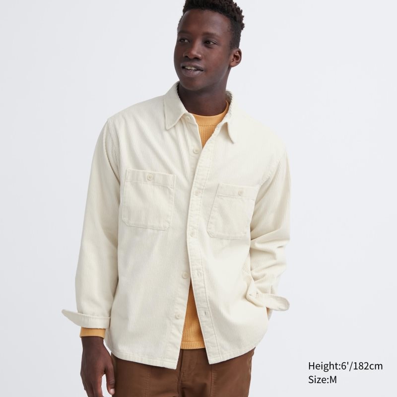 White Uniqlo Corduroy Work Long-sleeve Men Shirts | 8753644