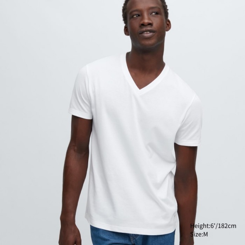 White Uniqlo Dry Color V-Neck Short-Sleeve Women T Shirts | 11723
