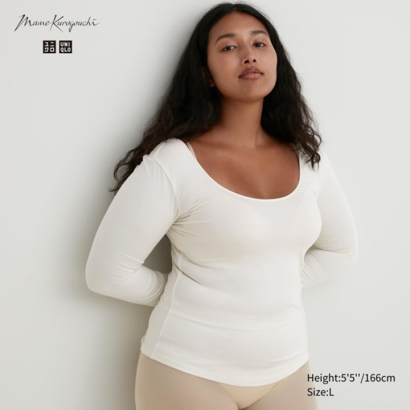 White Uniqlo HEATTECH Ballet Neck Long-Sleeve Silk Blend Women T Shirts | 2231849