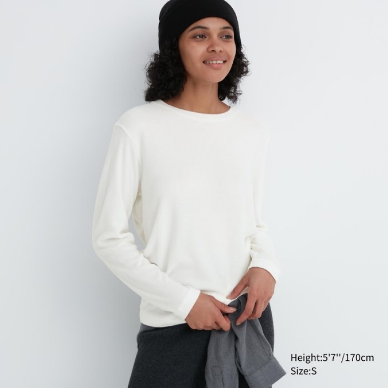 White Uniqlo HEATTECH Fleece Crew Neck Long-Sleeve Women T Shirts | 9978019