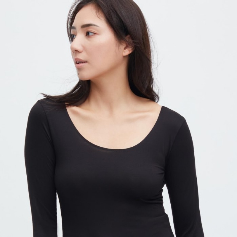 White Uniqlo HEATTECH Scoop Neck Long-Sleeve Women T Shirts | 302096