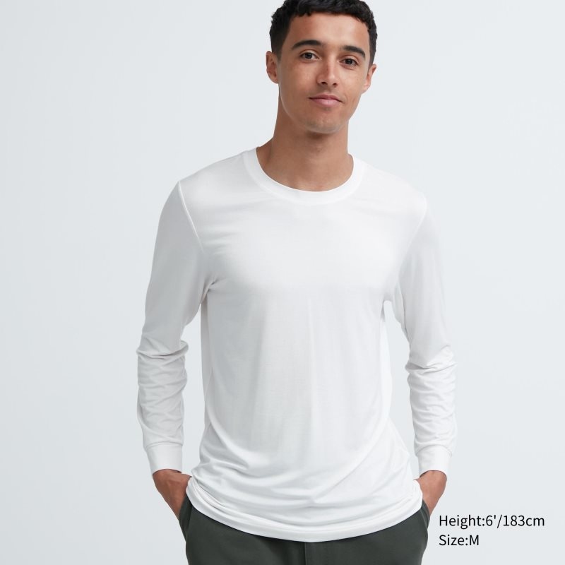 White Uniqlo Heattech Crew Neck Long-sleeve Men T Shirts | 2401406