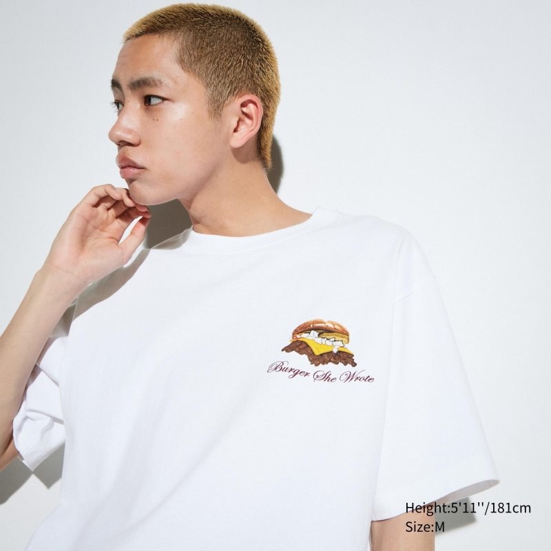White Uniqlo L.A. Eats Ut Oversized Short-sleeve Graphic Burger She Wrote Men T Shirts | 4179607