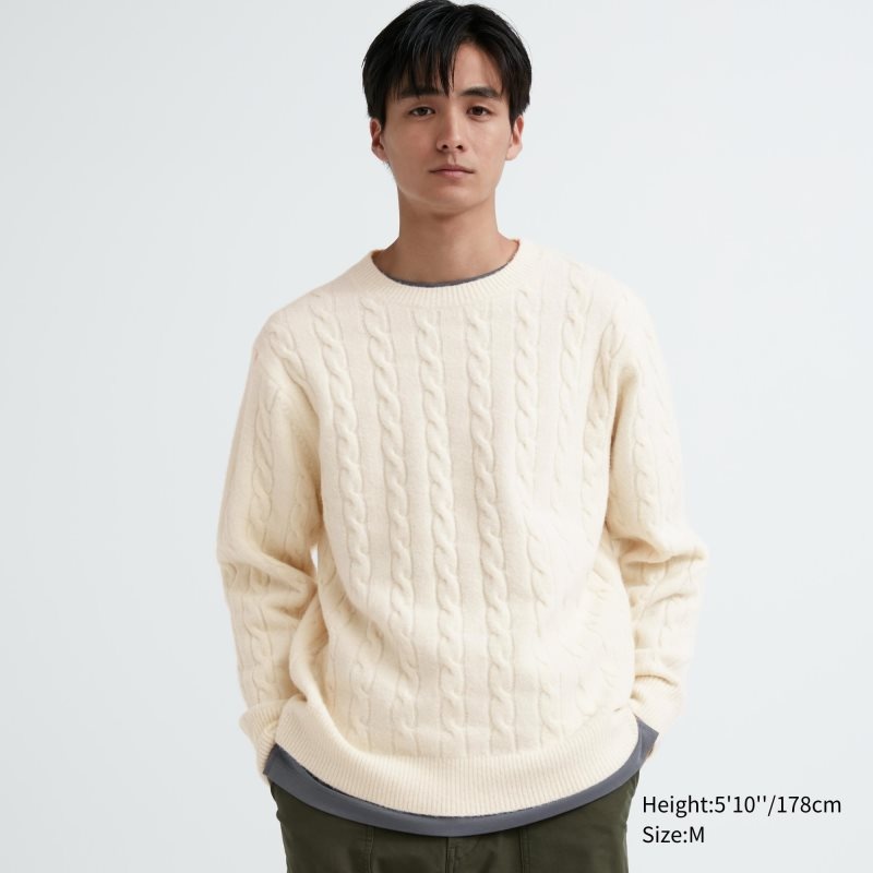 White Uniqlo Souffle Yarn Cable Crew Neck Men Sweaters | 1505863
