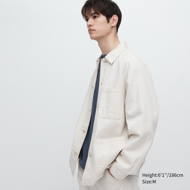 White Uniqlo Utility Denim Cotton Linen Men Jackets | 7879904