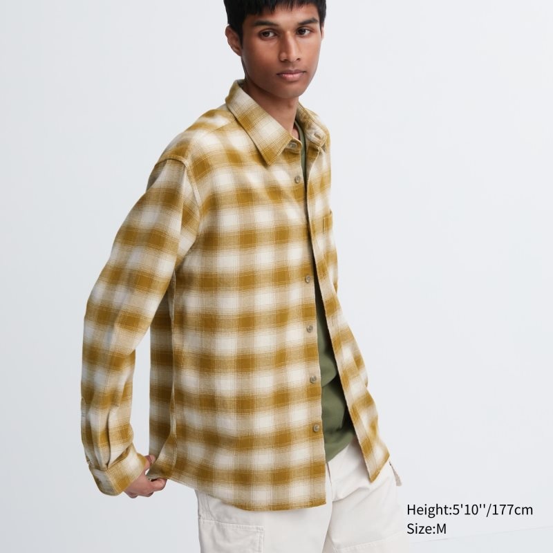 Yellow Uniqlo Flannel Checked Long-sleeve Men Shirts | 3521703