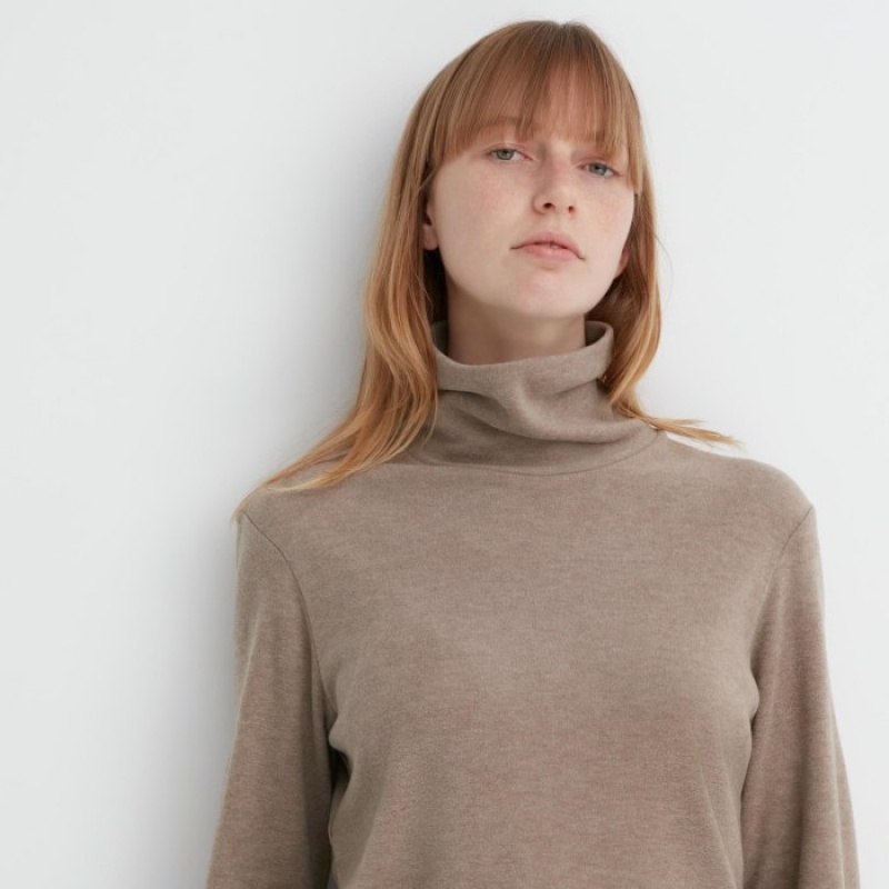 Yellow Uniqlo HEATTECH Fleece Turtleneck Long-Sleeve Women T Shirts | 4179004