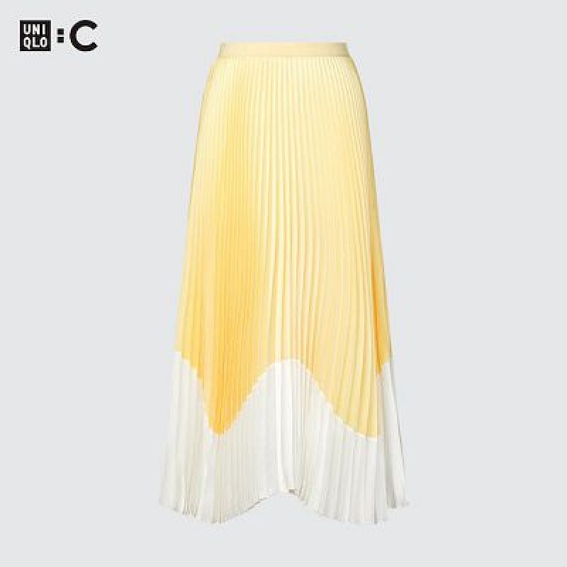 Yellow Uniqlo Pleated Color Block Women Skirts | 888926