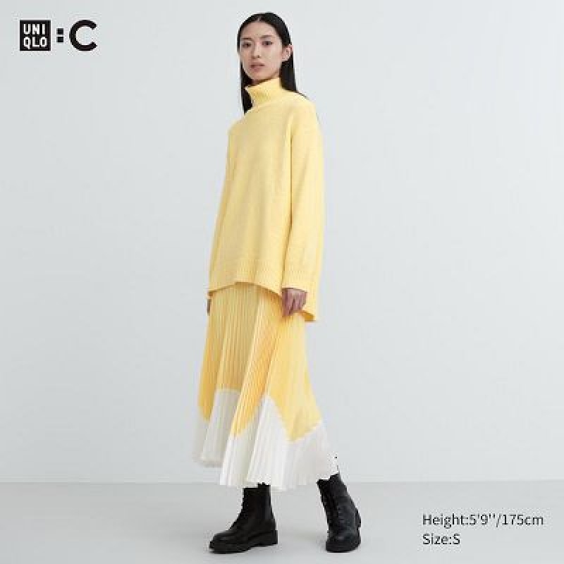 Yellow Uniqlo Pleated Color Block Women Skirts | 888926