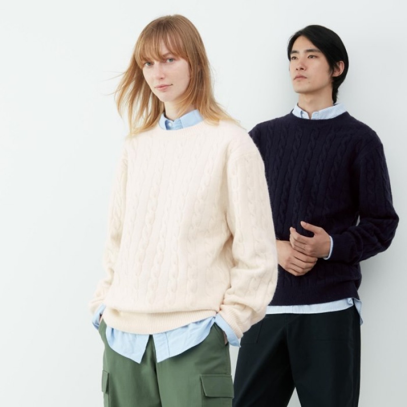 Yellow Uniqlo Souffle Yarn Cable Crew Neck Long-Sleeve Women Sweaters | 7387421