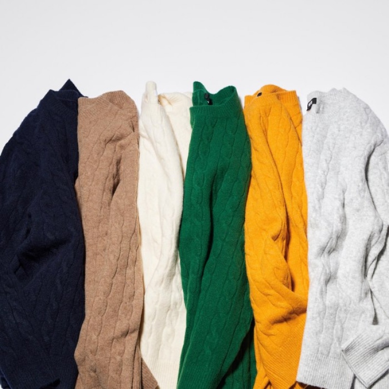 Yellow Uniqlo Souffle Yarn Cable Crew Neck Long-Sleeve Women Sweaters | 7387421