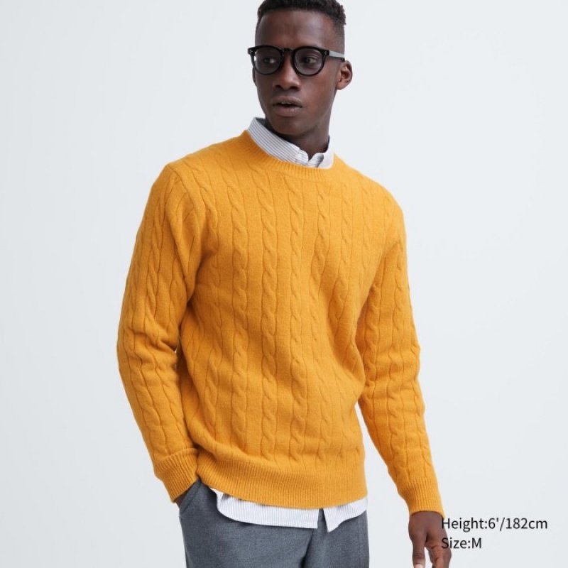 Yellow Uniqlo Souffle Yarn Cable Crew Neck Long-Sleeve Women Sweaters | 7387421