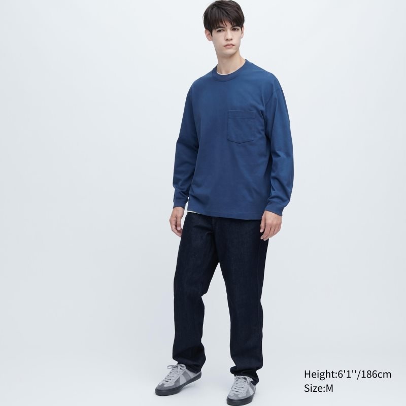 Yellow Uniqlo Washed Cotton Crew Neck Long-sleeve Men T Shirts | 5288235