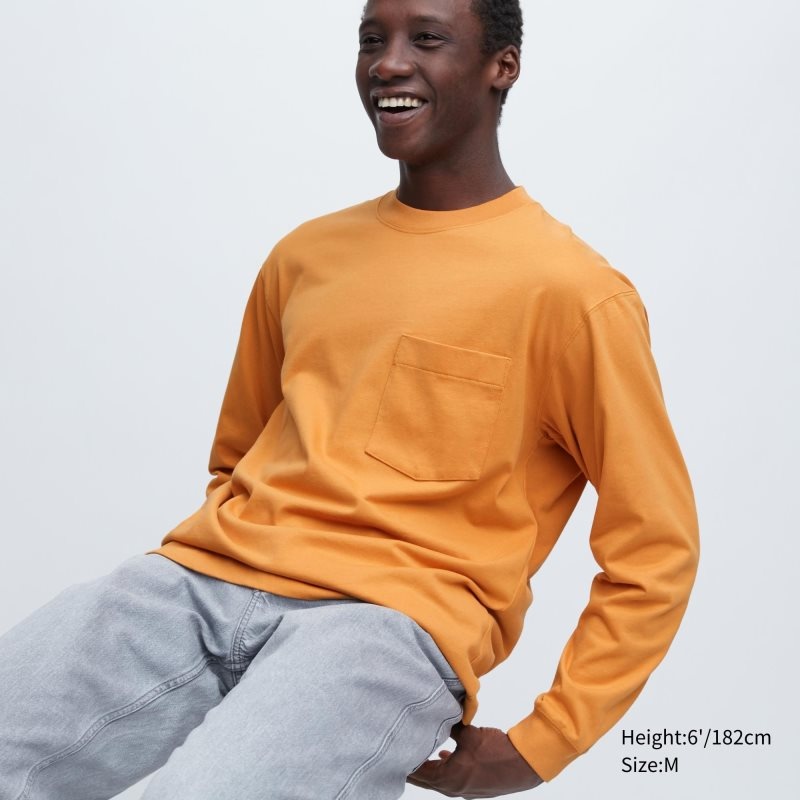 Yellow Uniqlo Washed Cotton Crew Neck Long-sleeve Men T Shirts | 5288235