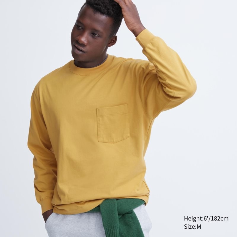 Yellow Uniqlo Washed Cotton Crew Neck Long-sleeve Men T Shirts | 7151689